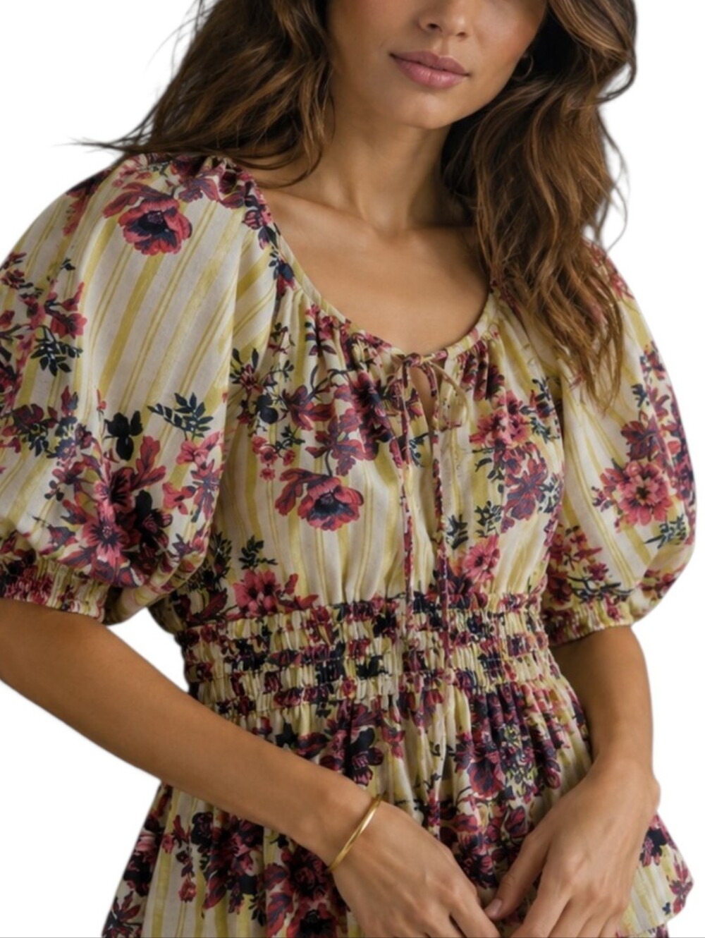 Anthropologie Somerset Floral Stripe Puff Sleeve Peplum Blouse Size M